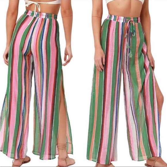 Lulus Striped Sheer Wide Leg Beachy Coastal Pants Pink Green Size Small - Picture 1 of 13